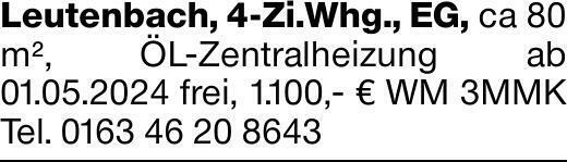 Leutenbach, 4-Zi.Whg., EG, ca 80 m², ÖL-Zentralheizung ab 01.05.2024 frei,...