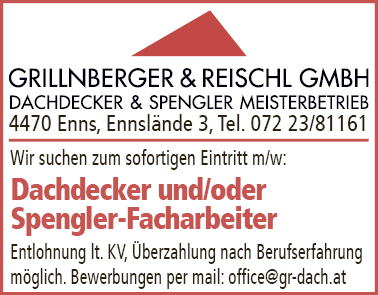 Wir suchen zum sofortigen Eintritt m/w:Dachdecker und/oder&nbsp;Spengler-Facharbeiter
Entlohnung lt. KV, &Uuml;berzahlung nach Berufserfahrung&nbsp;m&ouml;glich. Bewerbungen per mail: office@gr-dach.at