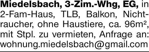 Miedelsbach, 3-Zim.-Whg, EG, in 2-Fam-Haus, TLB, Balkon, Nichtraucher,...