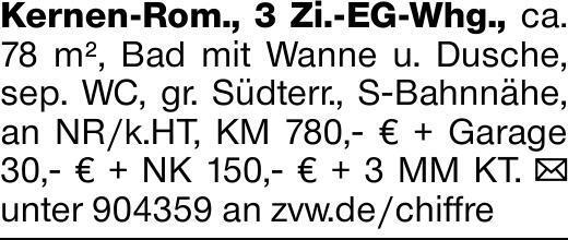 Kernen-Rom., 3 Zi.-EG-Whg., ca. 78 m², Bad mit Wanne u. Dusche, sep. WC,...