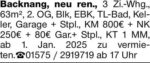 Backnang, neu ren., 3 Zi.-Whg., 63m², 2. OG, Blk, EBK, TL-Bad, Keller,...