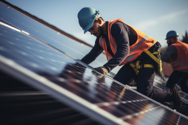 Ein Bauarbeiter bringt eine Solaranlage an ein Dach an. 