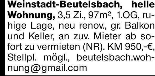 Weinstadt-Beutelsbach, helle Wohnung, 3,5 Zi., 97m², 1.OG, ruhige Lage,...