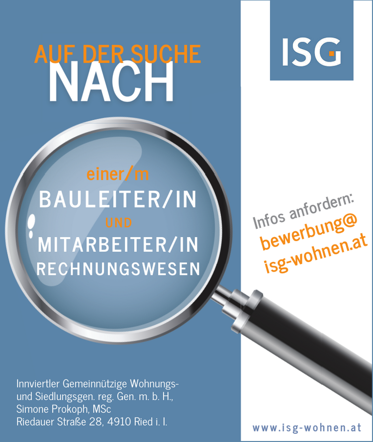 . i s g - w o h n e n . a tisg-wohnen.atInnviertler Gemeinn&uuml;tzige Wohnungs und&nbsp;Siedlungsgen. reg. Gen. m. b. H.,Simone Prokoph, MScRiedauer Stra&szlig;e 28, 4910 Ried i. I.
AUF DER SUCHEB A U L E I T E R / I N&nbsp;U N D&nbsp; M I T A R B E I T E R / I N R E C H N U N G S W E S E Nw w w . i s g - w o h n e n . a tInfos anfordern:bewerbung@einer/m