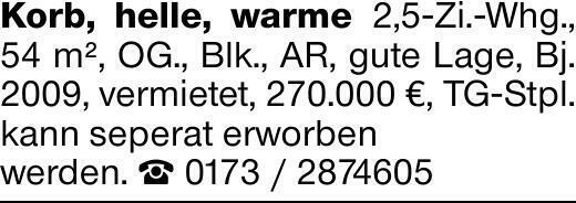 Korb, helle, warme 2,5-Zi.-Whg., 54 m², OG., Blk., AR, gute Lage, Bj. 2009,...