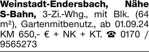 Weinstadt-Endersbach, Nähe S-Bahn, 3-Zi.-Whg., mit Blk. (64 m²), Gartenmitbenutz.,...