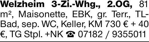 Welzheim 3-Zi.-Whg., 2.OG, 81 m², Maisonette, EBK, gr. Terr., TL- Bad,...