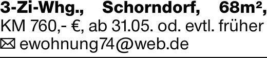 3-Zi-Whg., Schorndorf, 68m², KM 760,- €, ab 31.05. od. evtl. früher✉ ewohnung74@web.de