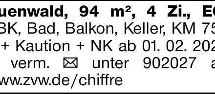 Auenwald, 94 m², 4 Zi., EG, EBK, Bad, Balkon, Keller, KM 750 € + Kaution...