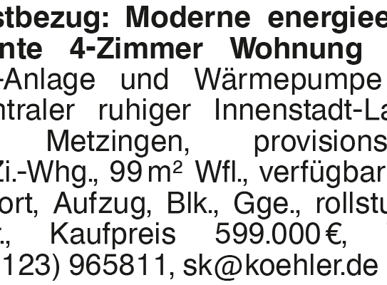 Erstbezug: Moderne energieeffiziente 4-Zimmer Wohnung mit PV-Anlage und Wärmepumpe in zentraler ruhiger Innenstadt-Lage…