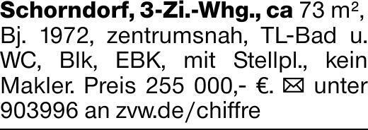 Schorndorf, 3-Zi.-Whg., ca 73 m²,Bj. 1972, zentrumsnah, TL-Bad u. WC, Blk,...