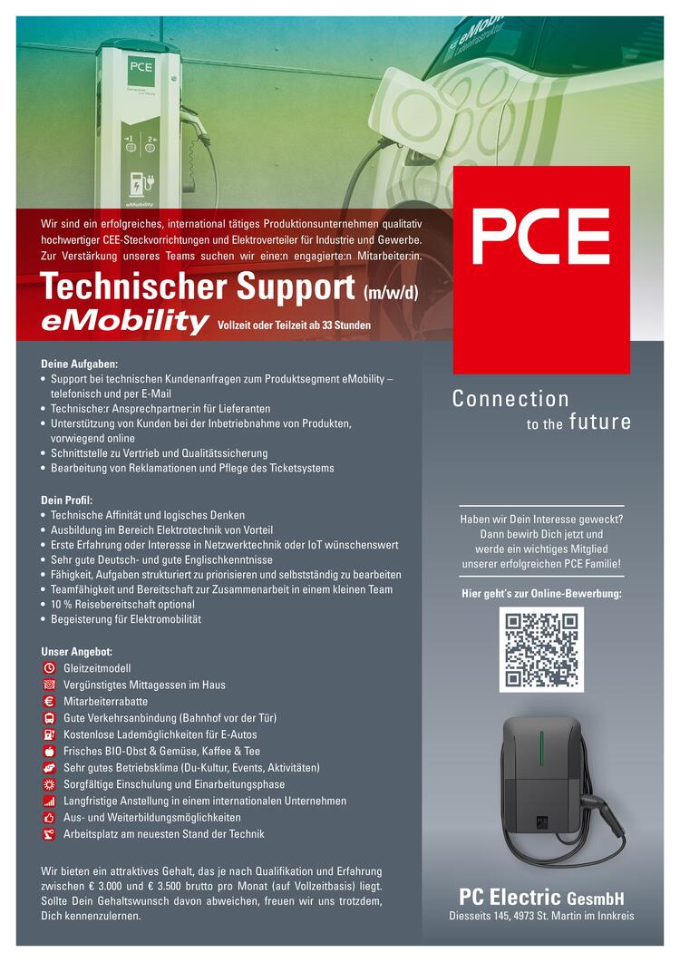 Deine Aufgaben:&bull; Support bei technischen Kundenanfragen zum Produktsegment eMobility &ndash;&nbsp;telefonisch und per E-Mail&bull; Technische:r Ansprechpartner:in f&uuml;r Lieferanten&bull; Unterst&uuml;tzung von Kunden bei der Inbetriebnahme von Produkten,&nbsp;vorwiegend online&bull; Schnittstelle zu Vertrieb und Qualit&auml;tssicherung&bull; Bearbeitung von Reklamationen und Pflege des Ticketsystems
Dein Profil:&bull; Technische Affinit&auml;t und logisches Denken&bull; Ausbildung im Bereich Elektrotechnik von Vorteil&bull; Erste Erfahrung oder Interesse in Netzwerktechnik oder IoT w&uuml;nschenswert&bull; Sehr gute Deutsch- und gute Englischkenntnisse&bull; F&auml;higkeit, Aufgaben strukturiert zu priorisieren und selbstst&auml;ndig zu bearbeiten&bull; Teamf&auml;higkeit und Bereitschaft zur Zusammenarbeit in einem kleinen Team&bull; 10 % Reisebereitschaft optional&bull; Begeisterung f&uuml;r Elektromobilit&auml;t