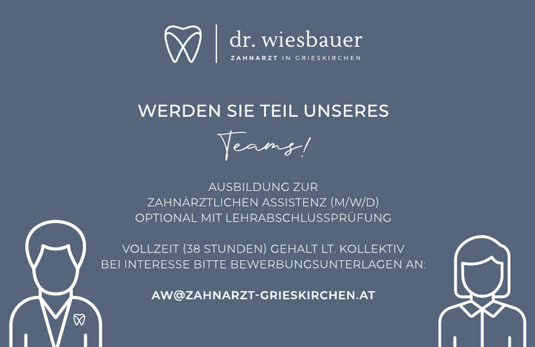 WERDEN SIE TEIL UNSERES TEAMS
AUSBILDUNG ZUR ZAHN&Auml;RZTLICHEN ASSISTENZ (M/W/D) OPTIONAL MIT LEHRABSCHLUSSPR&Uuml;FUNG
VOLLZEIT (38 STUNDEN)
GEHALT LT. KOLLEKTIV
BEI INTERESSE BITTE BEWERBUNGSUNTERLAGEN AN
AW@ZAHNARZT-GRIESKIRCHEN.AT&nbsp;