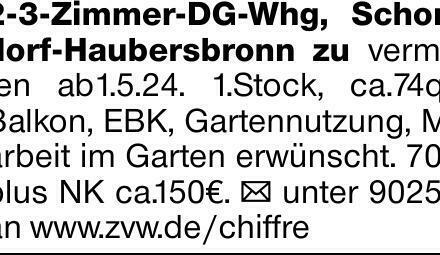 2-3-Zimmer-DG-Whg, Schorndorf-Haubersbronn zu vermieten ab1.5.24. 1.Stock,...