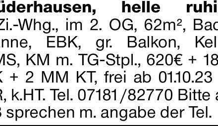 Plüderhausen, helle ruhige 2-Zi.-Whg., im 2. OG, 62m², Badewanne, EBK,...