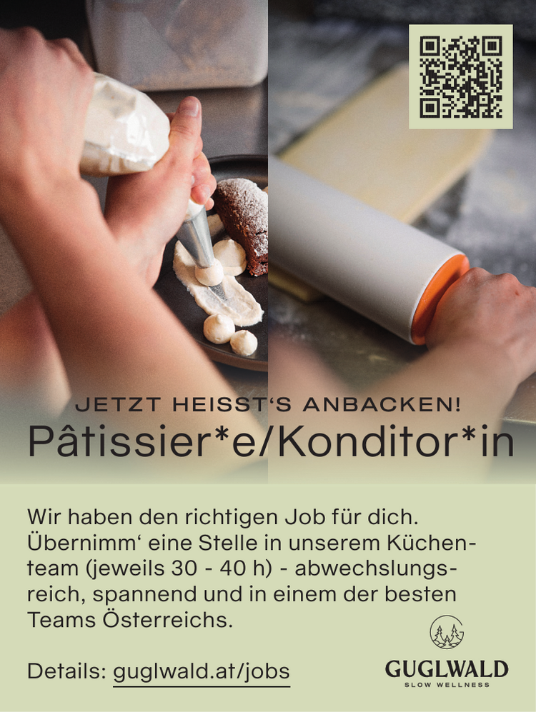 P&acirc;tissier*e/Konditor*inWir haben den richtigen Job f&uuml;r dich.&nbsp;&Uuml;bernimm&lsquo; eine Stelle in unserem K&uuml;chenteam&nbsp;(jeweils 30 - 40 h) - abwechslungsreich,spannend und in einem der besten&nbsp;Teams &Ouml;sterreichs.Details: guglwald.at/jobsJETZT H EISST&lsquo;S A NBACKEN!