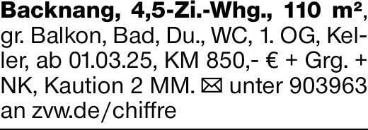 Backnang, 4,5-Zi.-Whg., 110 m², gr. Balkon, Bad, Du., WC, 1. OG, Keller,...