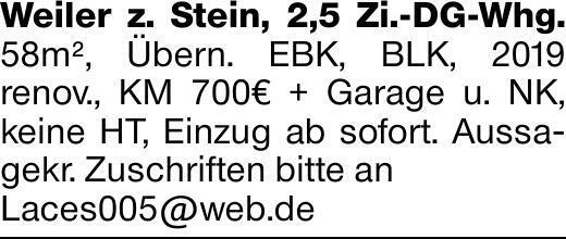 Weiler z. Stein, 2,5 Zi.-DG-Whg. 58m², Übern. EBK, BLK, 2019 ­renov., KM...