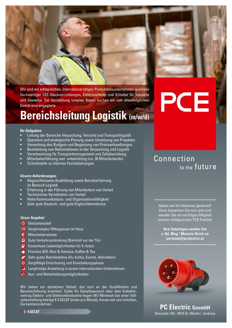 Ihr Aufgaben:&bull; Leitung der Bereiche Verpackung, Versand und Transportlogistik&bull; Operative und strategische Planung sowie Umsetzung von Projekten&bull; Verwaltung des Budgets und Begleitung von Preisverhandlungen&bull; Bearbeitung von Reklamationen in der Verpackung und Logistik&bull; Verantwortung f&uuml;r Transportmanagement und Zollabwicklung&bull; Mitarbeiterf&uuml;hrung und -entwicklung (ca. 30 Mitarbeitende)&bull; Schnittstelle zu internen Fachabteilungen
Unsere Anforderungen:&bull; Abgeschlossene Ausbildung sowie Berufserfahrung&nbsp;im Bereich Logistik&bull; Erfahrung in der F&uuml;hrung von Mitarbeitern von Vorteil&bull; Technisches Verst&auml;ndnis von Vorteil&bull; Hohe Kommunikations- und Organisationsf&auml;higkeit&bull; Sehr gute Deutsch- und gute Englischkenntnisse
Wir bieten ein attraktives Gehalt, das sich an der Qualifikation und&nbsp;Berufserfahrung orientiert. Sollte Ihr Gehaltswunsch &uuml;ber dem Kollektivvertrag&nbsp;Elektro- und Elektronikindustrie liegen (KV Minimum bei einer Vollzeitanstellung&nbsp;betr&auml;gt &euro; 4.623,87 brutto pro Monat), freuen wir uns trotzdem,&nbsp;Sie kennenzulernen.