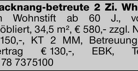 Backnang-betreute 2 Zi. Whg. im Wohnstift ab 60 J., voll ­möbliert, 34,5...