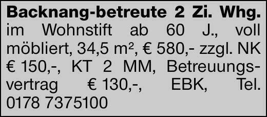 Backnang-betreute 2 Zi. Whg. im Wohnstift ab 60 J., voll ­möbliert, 34,5...