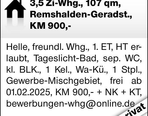 3,5 Zi-Whg., 107 qm, Remshalden-Geradst., KM 900,-Helle, freundl. Whg.,...