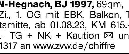WN-Hegnach, BJ 1997, 69qm,
3 Zi., 1. OG mit EBK, Balkon, TG, Ortsmitte,...