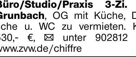 Büro/Studio/Praxis 3-Zi. in Grunbach, OG mit Küche, Dusche u. WC zu vermieten....