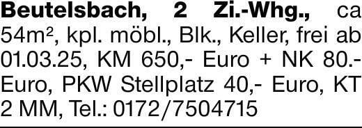 Beutelsbach, 2 Zi.-Whg., ca 54m², kpl. möbl., Blk., Keller, frei ab 01.03.25,...