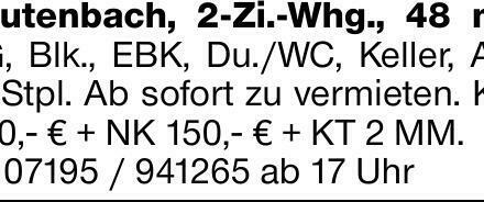 Leutenbach, 2-Zi.-Whg., 48 m², EG, Blk., EBK, Du./WC, Keller, Auto-Stpl....