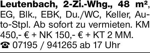 Leutenbach, 2-Zi.-Whg., 48 m², EG, Blk., EBK, Du./WC, Keller, Auto-Stpl....