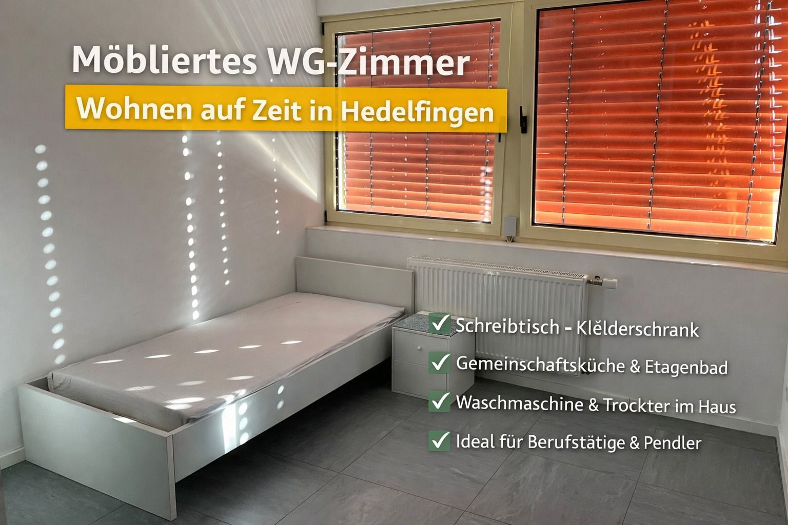 WG-Zimmer im Gästehaus mit WLAN, Etagen-Dusche/WC & Gemeinschaftsküche, Waschmaschine + Trockner