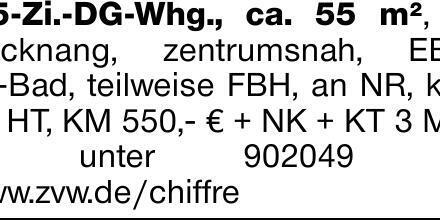 2,5-Zi.-DG-Whg., ca. 55 m², in Backnang, zentrumsnah, EBK, TL-Bad, teilweise...