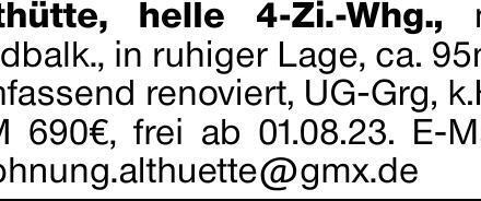 Althütte, helle 4-Zi.-Whg., mit Südbalk., in ruhiger Lage, ca. 95m², umfassend...
