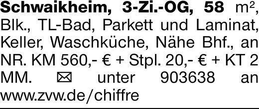 Schwaikheim, 3-Zi.-OG, 58 m², Blk., TL-Bad, Parkett und Laminat, Keller,...