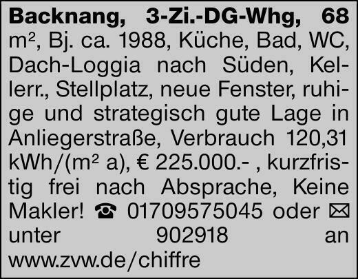 Backnang, 3-Zi.-DG-Whg, 68 m², Bj. ca. 1988, Küche, Bad, WC, Dach-Loggia...