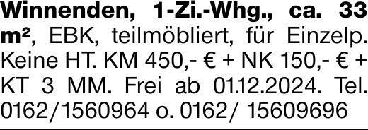 Winnenden, 1-Zi.-Whg., ca. 33 m², EBK, teilmöbliert, für Einzelp. Keine...