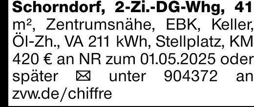 Schorndorf, 2-Zi.-DG-Whg, 41 m², Zentrumsnähe, EBK, Keller, Öl-Zh., VA...