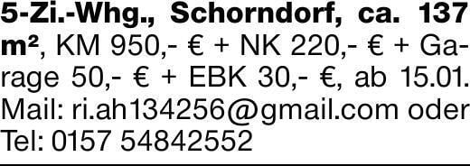 5-Zi.-Whg., Schorndorf, ca. 137 m², KM 950,- € + NK 220,- € + Garage 50,-...