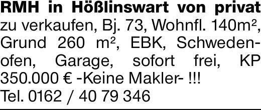 RMH in Hößlinswart von privat zu verkaufen, Bj. 73, Wohnfl. 140m², Grund...
