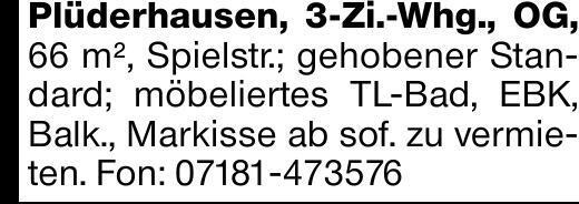 Plüderhausen, 3-Zi.-Whg., OG, 66 m², Spielstr.; gehobener Standard; möbeliertes...