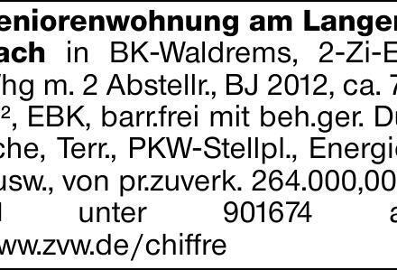 Seniorenwohnung am Langenbach in BK-Waldrems, 2-Zi-EG Whg m. 2 Abstellr.,...