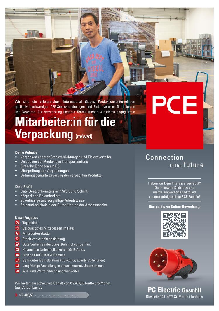 Deine Aufgabe:&bull; Verpacken unserer Steckvorrichtungen und Elektroverteiler&bull; Umpacken der Produkte in Transportkartons&bull; Einfache Eingaben am PC&bull; &Uuml;berpr&uuml;fung der Verpackungen&bull; Ordnungsgem&auml;&szlig;e Lagerung der verpackten Produkte&nbsp;
Dein Profil:&bull; Gute Deutschkenntnisse in Wort und Schrift&bull; K&ouml;rperliche Belastbarkeit&bull; Zuverl&auml;ssige und sorgf&auml;ltige Arbeitsweise&bull; Selbstst&auml;ndigkeit in der Durchf&uuml;hrung der Arbeitsschritte