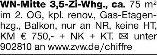 WN-Mitte 3,5-Zi-Whg., ca. 75 m² im 2. OG, kpl. renov., Gas-Etagenhzg.,...