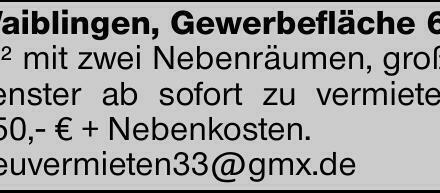 Waiblingen, Gewerbefläche 60 m² mit zwei Nebenräumen, große Fenster ab...