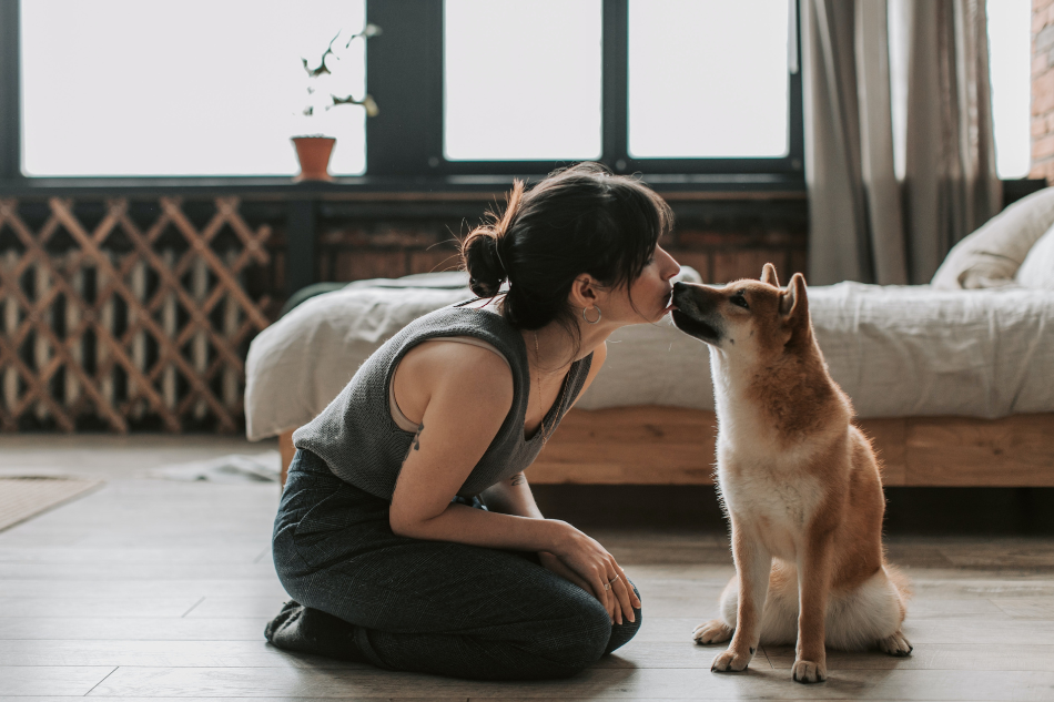 Frau küsst ihren Hund