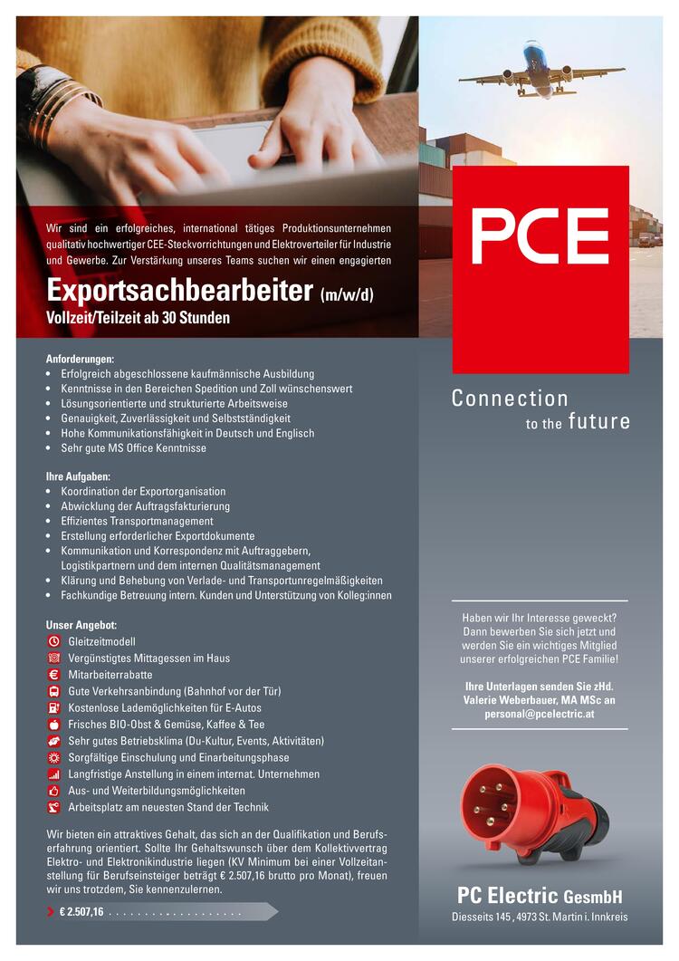 Anforderungen:&bull; Erfolgreich abgeschlossene kaufm&auml;nnische Ausbildung&bull; Kenntnisse in den Bereichen Spedition und Zoll w&uuml;nschenswert&bull; L&ouml;sungsorientierte und strukturierte Arbeitsweise&bull; Genauigkeit, Zuverl&auml;ssigkeit und Selbstst&auml;ndigkeit&bull; Hohe Kommunikationsf&auml;higkeit in Deutsch und Englisch&bull; Sehr gute MS Office Kenntnisse
Ihre Aufgaben:&bull; Koordination der Exportorganisation&bull; Abwicklung der Auftragsfakturierung&bull; Effizientes Transportmanagement&bull; Erstellung erforderlicher Exportdokumente&bull; Kommunikation und Korrespondenz mit Auftraggebern, Logistikpartnern und dem internen Qualit&auml;tsmanagement&bull; Kl&auml;rung und Behebung von Verlade- und Transportunregelm&auml;&szlig;igkeiten&bull; Fachkundige Betreuung intern. Kunden und Unterst&uuml;tzung von Kolleg:innen