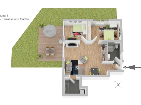 Infotag, So. 4.8., 12-15 h! Attraktive 3-Zi-Gartenwohnung m. großer Terr. & Garten, überdachter Stellplatz!