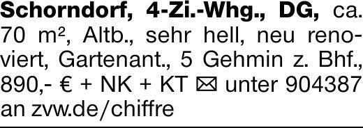 Schorndorf, 4-Zi.-Whg., DG, ca. 70 m², Altb., sehr hell, neu renoviert,...