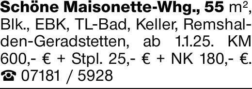 Schöne Maisonette-Whg., 55 m², Blk., EBK, TL-Bad, Keller, Remshalden-Geradstetten,...